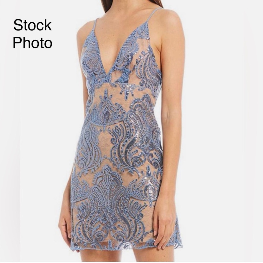 FREE PEOPLE Blue And Beige Sequinned Night Shimmers Mini Dress Women's Size 2